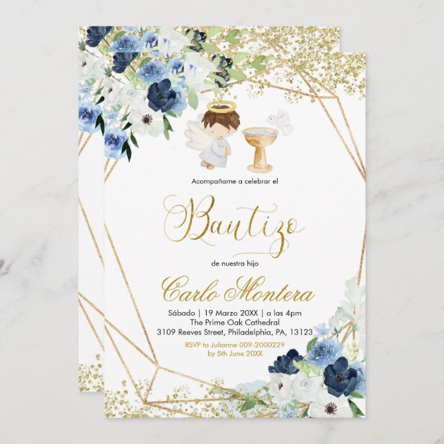 Invitation Espagnol Floral Niñ o Bautizo Invitacion (Devant / Derrière)