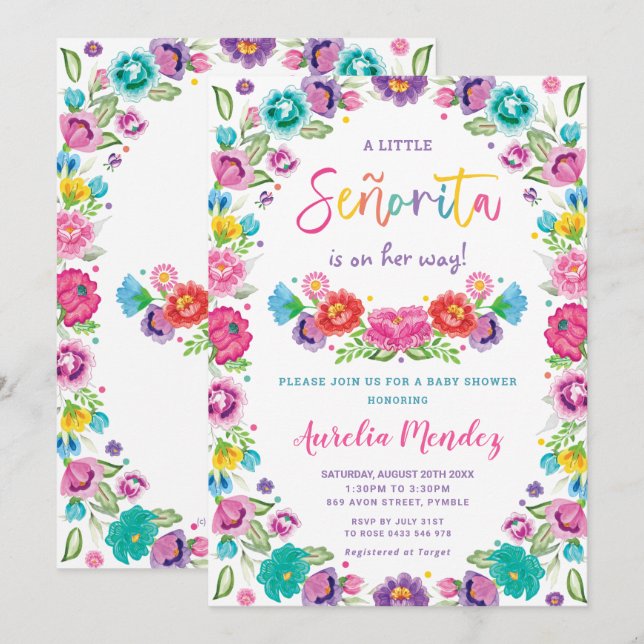 Invitation Espagnol Floral Senorita Baby shower fille (Devant / Derrière)