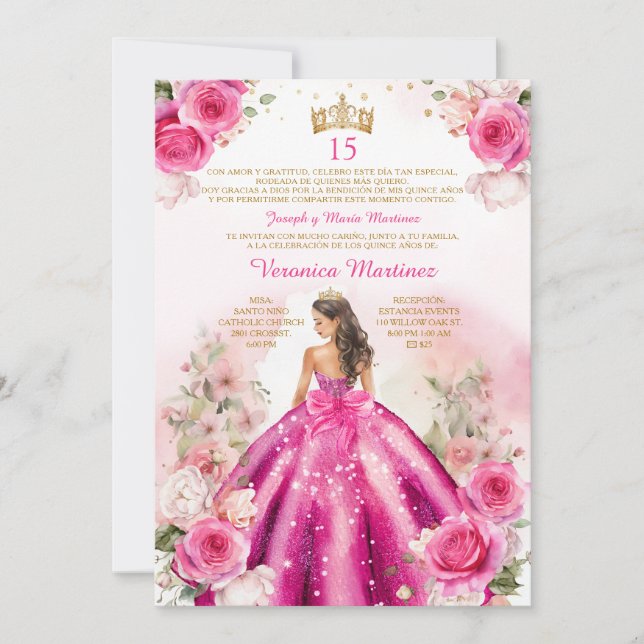Invitation Espagnol Fuchsia rose princesse 15 Años Anniversai (Devant)