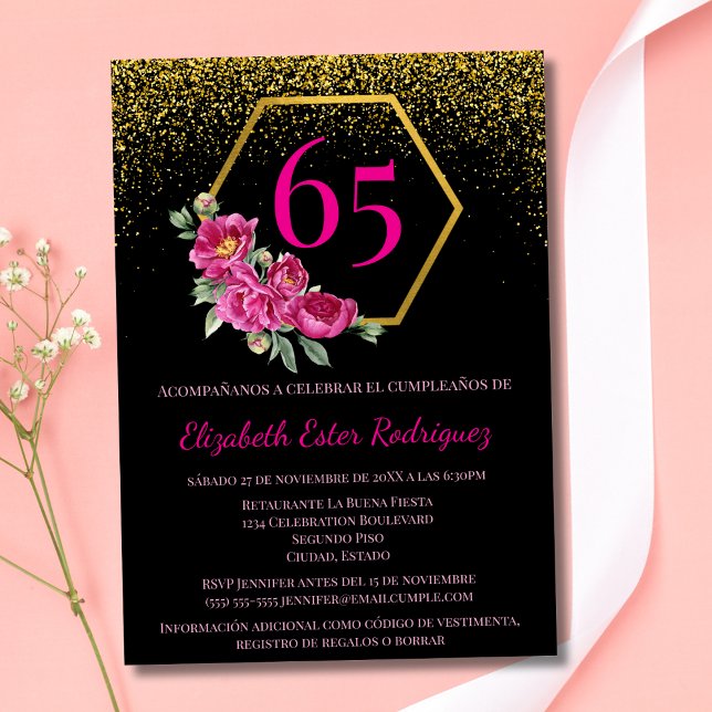 Invitation Espagnol Glamour rose Noir 65e anniversaire (Créateur téléchargé)
