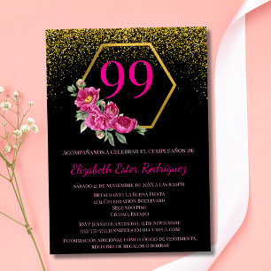 Invitation Espagnol Gras Chic Noir Or & Rose 99e Anniversaire