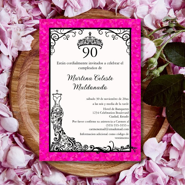 Invitation Espagnol Hot rose Black Classy 90e fête d'annivers (Créateur téléchargé)
