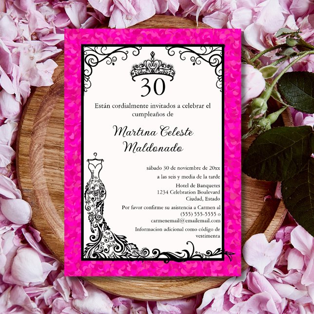 Invitation Espagnol Hot rose Noir fantaisie 30ème anniversair (Créateur téléchargé)