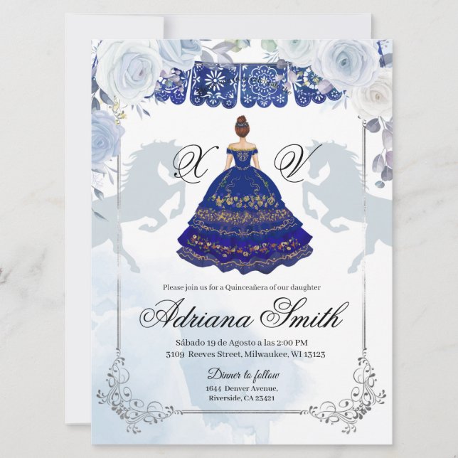 Invitation Espagnol Mexicain Mis Quince Marine Bleu Argent (Devant)