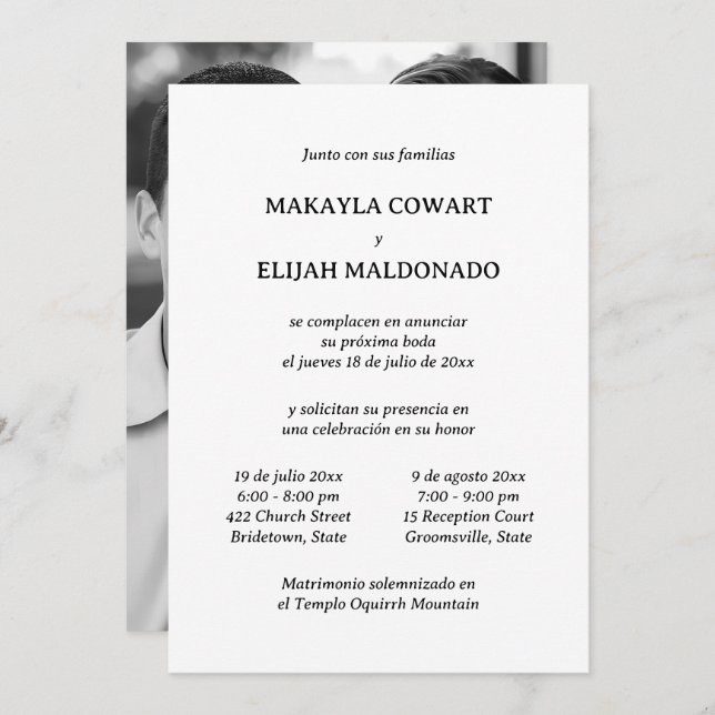 Invitation Espagnol minimaliste Noir & Blanc Deux Réception (Devant / Derrière)