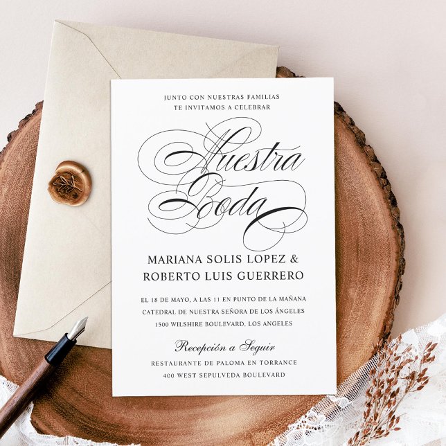 Invitation Espagnol Nuestra Boda Blanco y Negro Caligrafía (Créateur téléchargé)