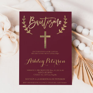 Invitation Espagnol Or bordeaux rouge élégant script baptême