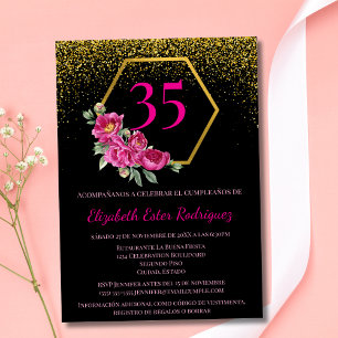 Invitation Espagnol Or Noir Beau Rose 35e Anniversaire
