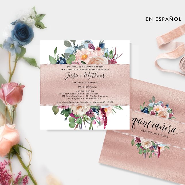 Invitation Espagnol, Pastel Floral et Rose Gold Quinceañera (Créateur téléchargé)