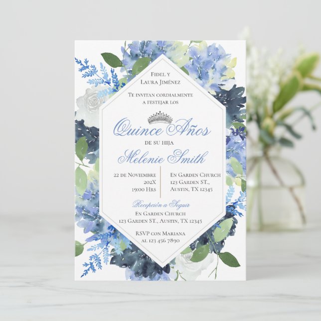 Invitation Espagnol Quinceanera Bleu Floral (Debout devant)