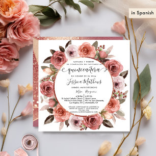 Invitation Espagnol, Quinceanera Blush Floral Rose Or Floral