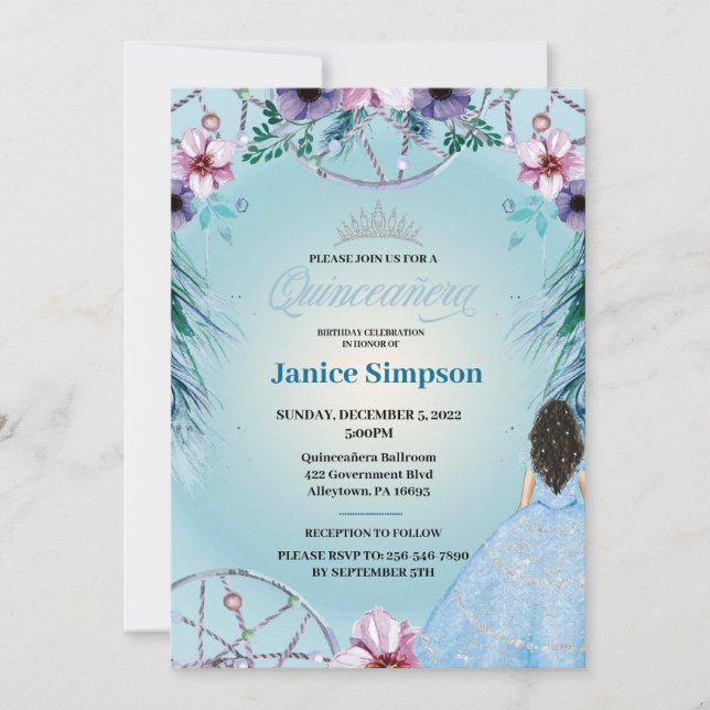 Invitation Espagnol Quinceañera plume Dream attrcher Invitati (Devant)
