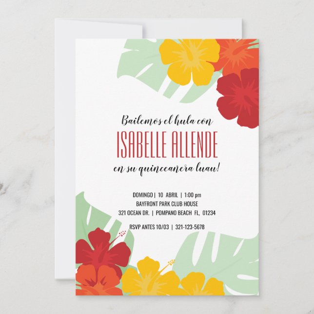 Invitation ESPAGNOL quinceañera TROPICAL LUAU rouge floral (Devant)