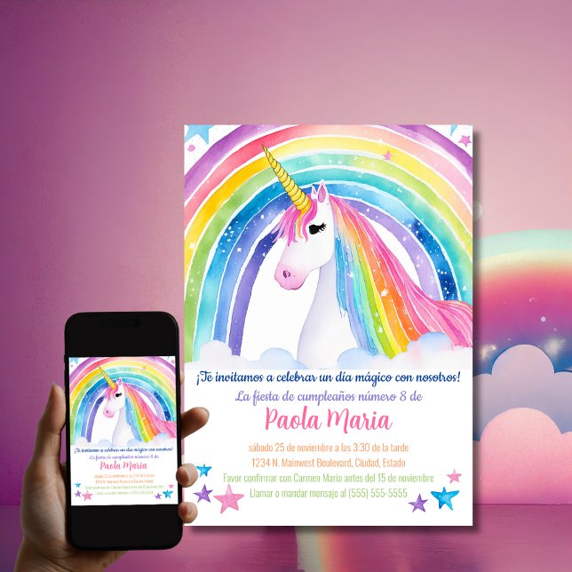 Invitation Espagnol Rainbow Unicorn fête d'anniversaire pour  (Créateur téléchargé)
