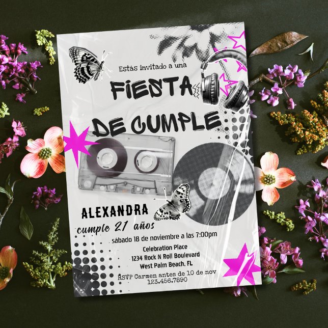 Invitation Espagnol Retro Music N'importe quel âge Noir & Ros (Créateur téléchargé)