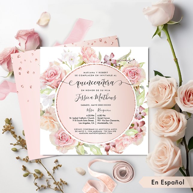 Invitation Espagnol, Rose, Blush, Or Rose Quinceanera Floral (Créateur téléchargé)