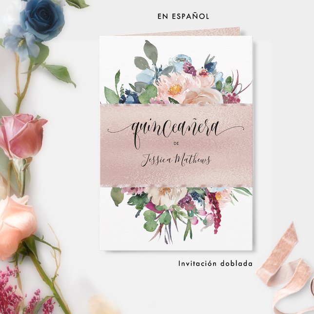 Invitation Espagnol, Rose élégant Gold Folli Quinceañera (Créateur téléchargé)