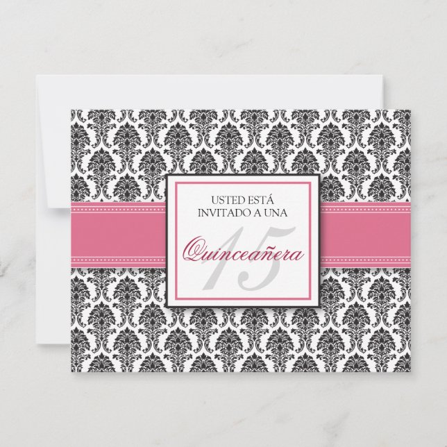 Invitation ESPAGNOL Rose rose Damask Quinceañera Invitación (Devant)