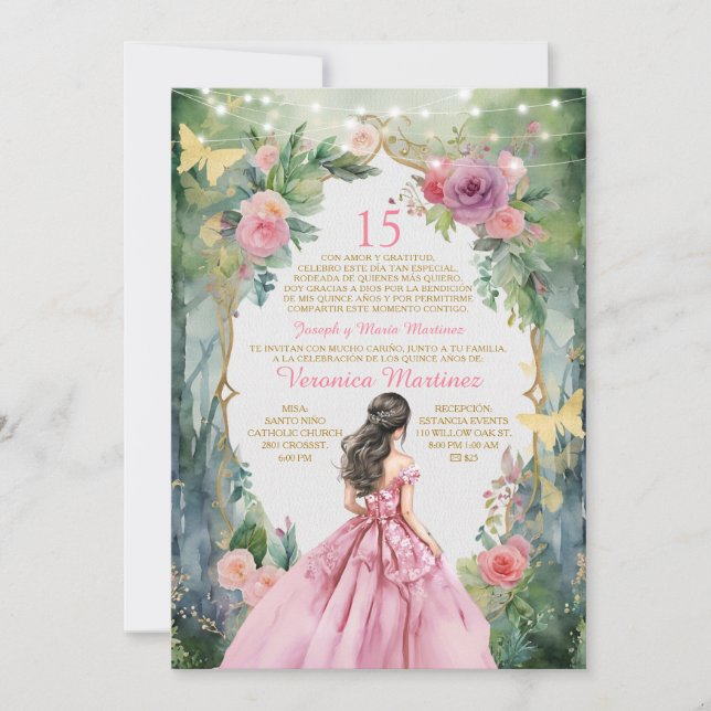 Invitation Espagnol Rosée Rose Princesse Forêt de robe 15 Año (Devant)
