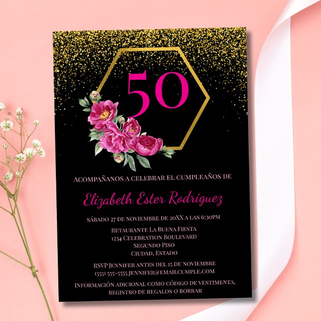 Invitation Espagnol tendance chic noir or rose 50e anniversai (Créateur téléchargé)