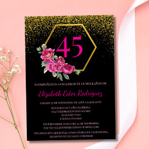 Invitation Espagnol Unique Noir & Or Rose 45e Anniversaire