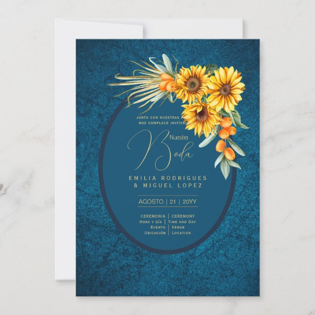 Invitation Espanol Invitación Boda Fleurs de soleil bleu rust (Devant)