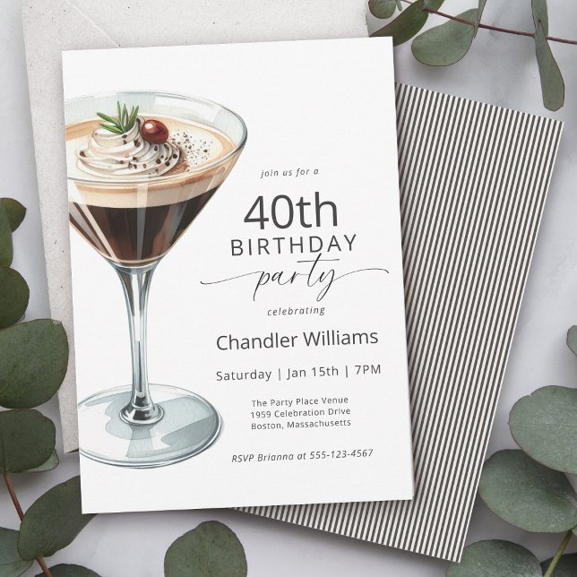 Invitation Espresso Martini Cocktail 40e fête d'anniversaire (Available in printed and paperless digital download formats.)
