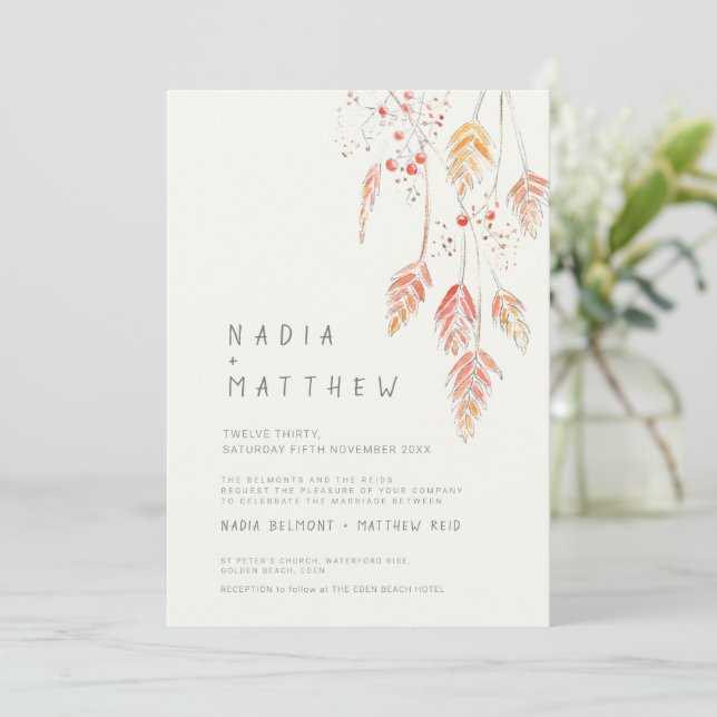 Invitation Esquisse d'automne simple herbe et baies mariage p (Debout devant)
