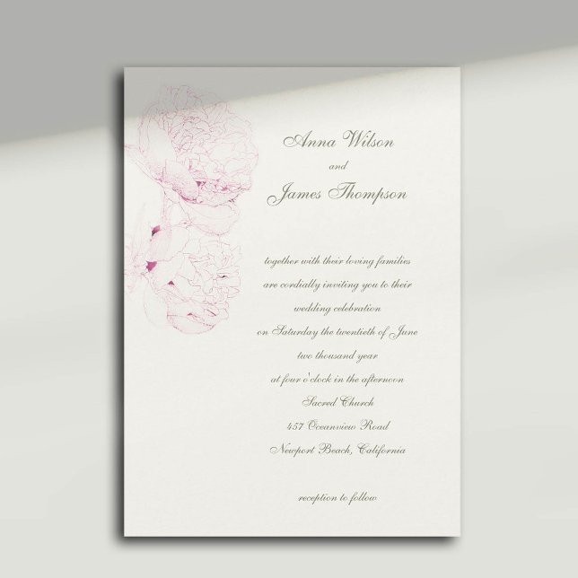 Invitation Esquisse de pivoines roses Calligraphie formelle M (pink peonies wedding invitation formal traditional calligraphy casual modern classic)
