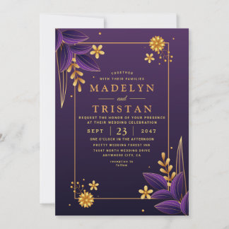 Invitation Esthétique violet et or Mariage photo floral