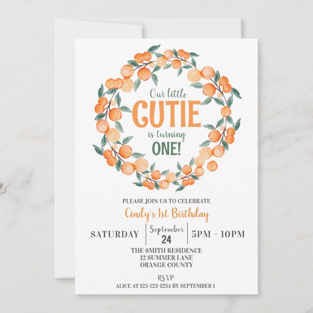 Invitation Été 1er anniversaire, Oranges Citrus Wreath (Devant)