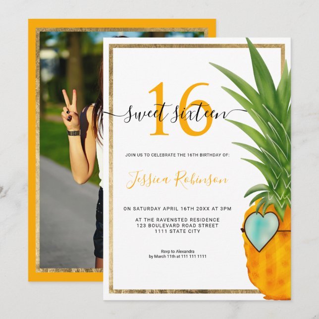 Invitation Été ananas cool cadre or Sweet 16 photo (Devant / Derrière)
