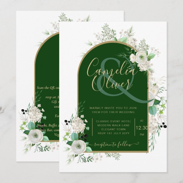 Invitation Été Blanc Roses Emerald Green Arch Mariage Inv (Devant / Derrière)