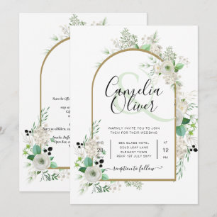 Invitation Été Blanc Roses Emeraude Mariage