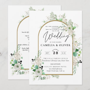 Invitation Été Blanc Roses Émeraude Sage Verdure MARIAGE