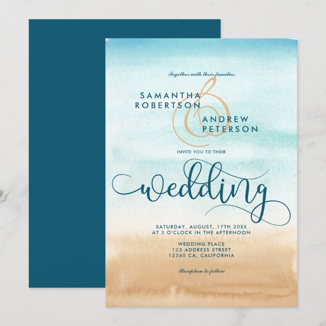 Invitation Été destination plage chic script mariage (Devant / Derrière)