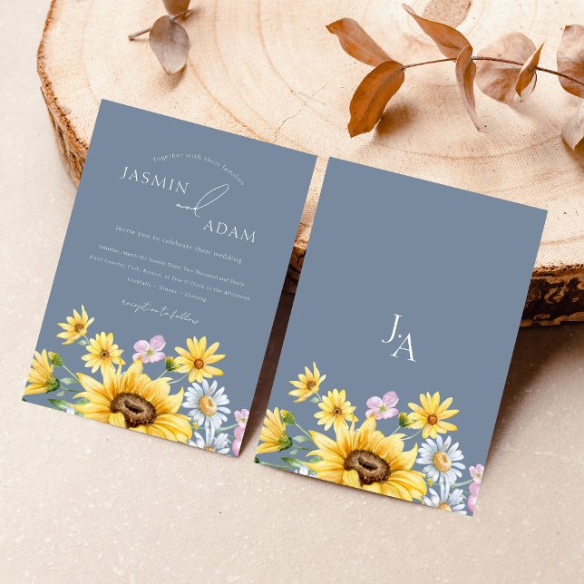 Invitation Été Dusty Blue Sunflowers Monogram Mariage (Summer Dusty Blue Sunflowers Monogram Wedding Invitation)