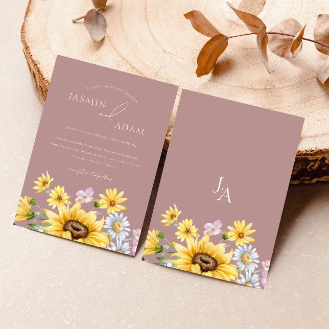 Invitation Été Dusty Pink Sunflowers Monogram Mariage (Summer Dusty Pink Sunflowers Monogram Wedding Invitation)