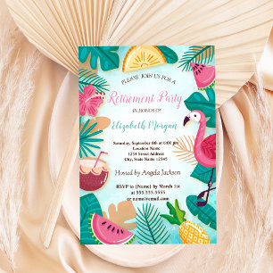 Invitation Été, feuille de palmier, flamant rose, fruits Fête