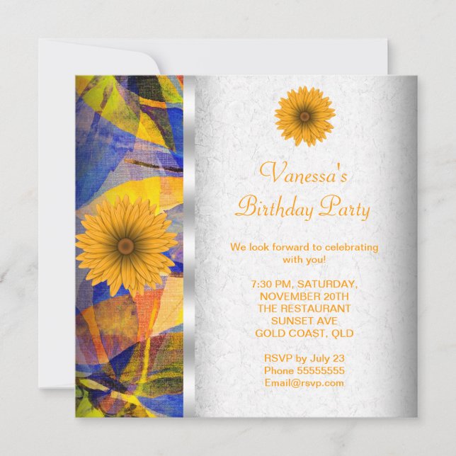 Invitation Été Floral Bleu Fleurs Jaunes Fête Anniversaire (Devant)