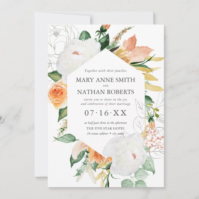 Invitation Été Floral Orange Mariage botanique géométrique (Devant)