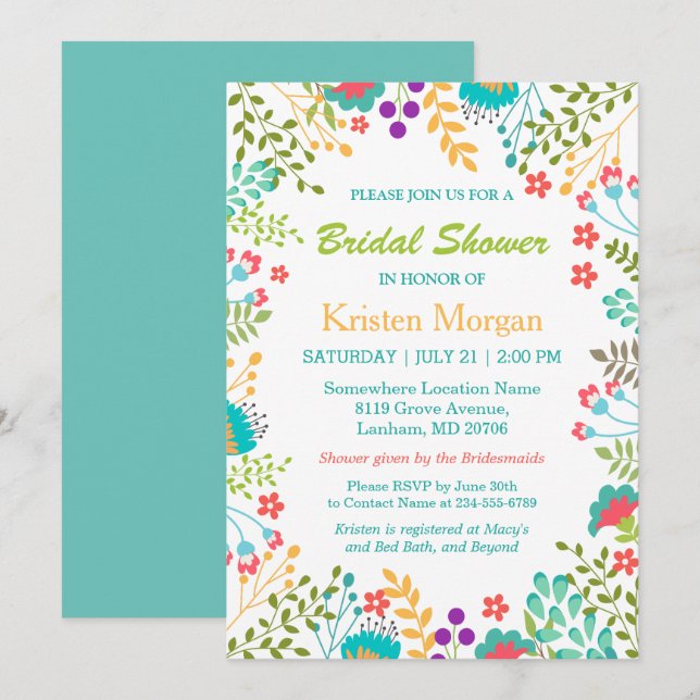 Invitation Été Fraîche Florale Turquoise Fête des mariées ble (Devant / Derrière)