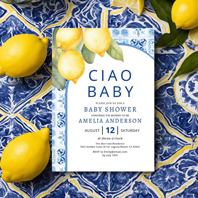 Invitation Été Italien Carreaux Bleus Baby shower citron (Créateur téléchargé)