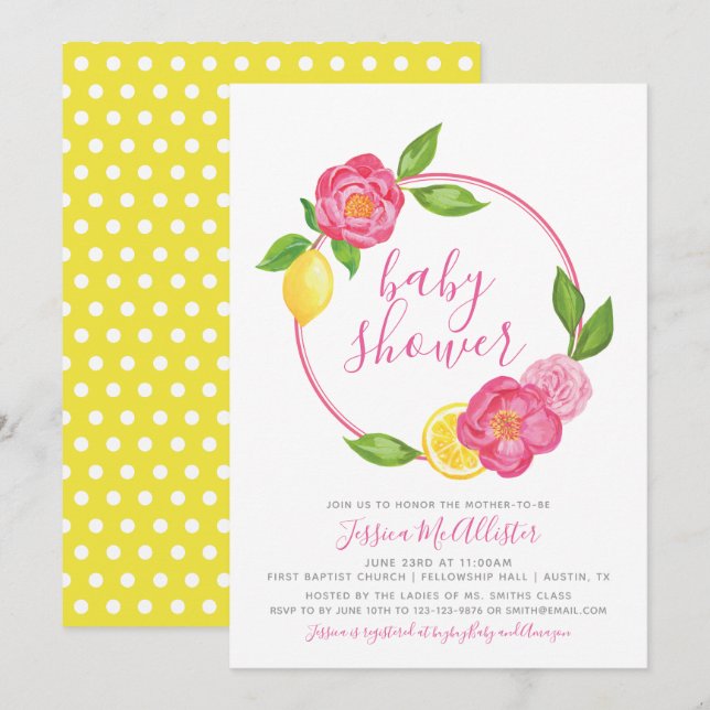 Invitation Été Lemon Jaune Floral Roses Baby shower féminin (Devant / Derrière)