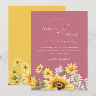 Invitation Été Magenta rose Jaune Fleurs de soleil Mariage