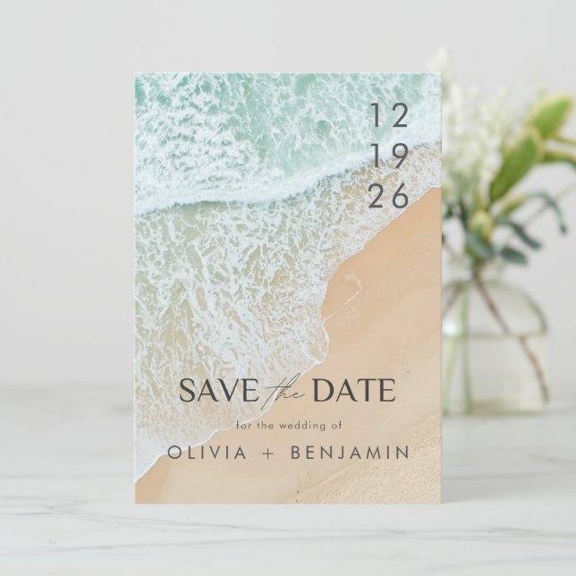 Invitation Eté Moderne Ocean Beach Mariage Économisez La Date (Debout devant)