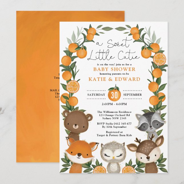 Invitation Été Orange Bois Animaux Baby shower neutre (Devant / Derrière)