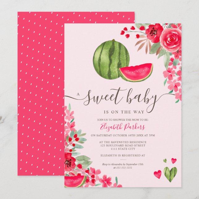 Invitation Eté pastèque baby shower d'aquarelle fleurie (Devant / Derrière)