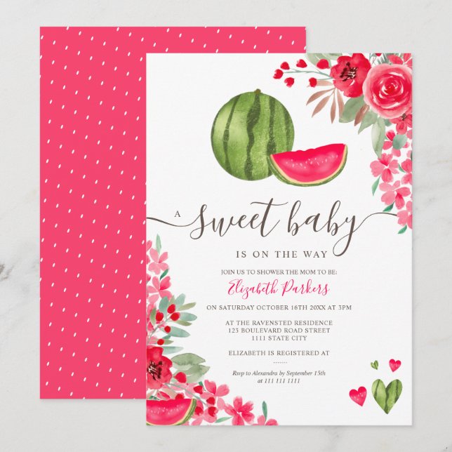 Invitation Eté pastèque baby shower d'aquarelle fleurie (Devant / Derrière)