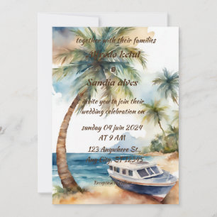 Invitation été plage palmier tropical aquarelle mariage